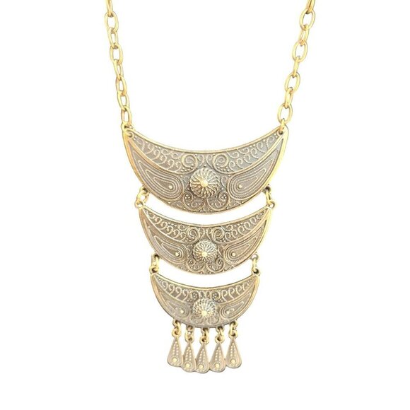 Boho Statement Necklace With Tiered Crescent Design & Dangling Charms - Picture 3 of 5